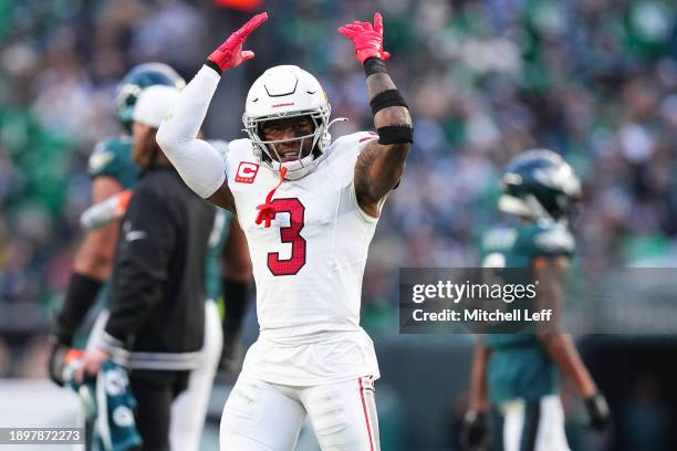 Budda Baker of the Arizona Cardinals reacts during the fourth quarter against the Philadelphia Eagles at Lincoln Financial Field on December 31, 2023...