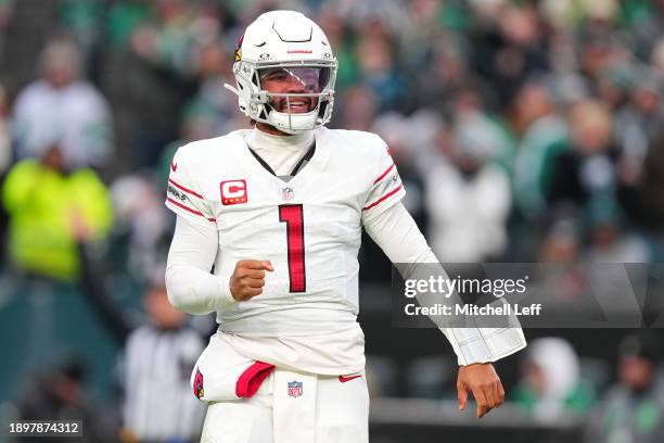 Kyler Murray of the Arizona Cardinals reacts after a touchdown during the fourth quarter against the Philadelphia Eagles at Lincoln Financial Field...