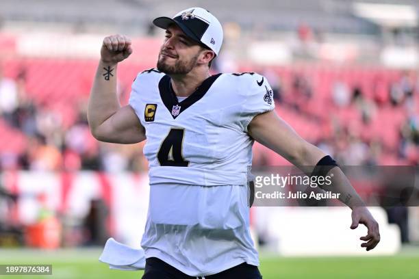 Derek Carr of the New Orleans Saints reacts after the game against the Tampa Bay Buccaneers at Raymond James Stadium on December 31, 2023 in Tampa,...