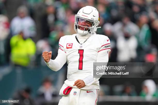 Kyler Murray of the Arizona Cardinals reacts after a touchdown during the fourth quarter against the Philadelphia Eagles at Lincoln Financial Field...