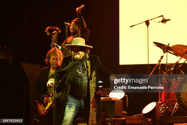 Italian singer Zucchero Sugar Fornaciari performs on December 31, 2023 in Olbia, Italy.