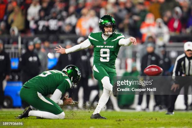 Greg Zuerlein of the New York Jets kicks for a field goal during an NFL football game against the Cleveland Browns at Cleveland Browns Stadium on...