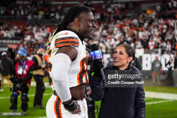 David Njoku of the Cleveland Browns is interviewed by Kaylee Hartung after an NFL football game between the New York Jets and the Cleveland Browns at...