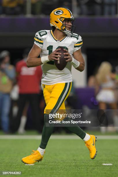 Green Bay Packers quarterback Jordan Love drops back to pass during an NFL game between the Minnesota Vikings and Green Bay Packers on December 31 at...