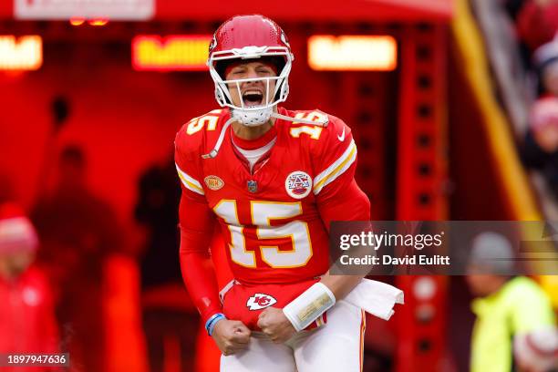 Patrick Mahomes of the Kansas City Chiefs runs onto the field before the game against the Cincinnati Bengals at GEHA Field at Arrowhead Stadium on...