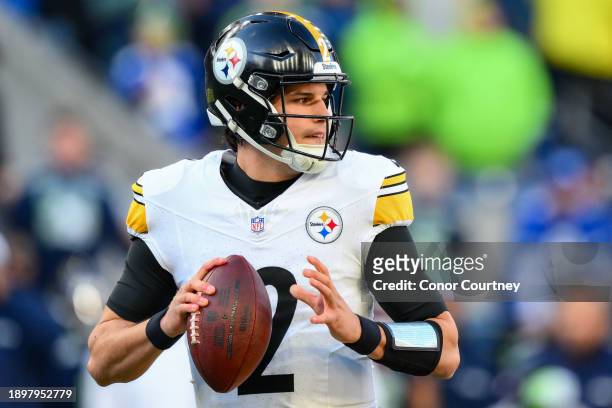Mason Rudolph of the Pittsburgh Steelers looks to pass during the first half of a game against the Seattle Seahawks at Lumen Field on December 31,...