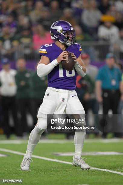 Minnesota Vikings quarterback Jaren Hall looks to throw during an NFL game between the Minnesota Vikings and Green Bay Packers on December 31 at U.S....