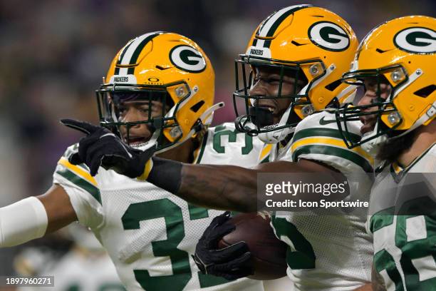 Green Bay Packers defensive back Corey Ballentine celebrates his interception during an NFL game between the Minnesota Vikings and Green Bay Packers...