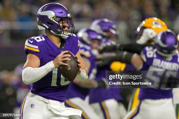 Minnesota Vikings quarterback Jaren Hall looks to throw during an NFL game between the Minnesota Vikings and Green Bay Packers on December 31 at U.S....