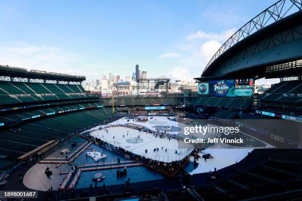 General view is seen of the Seattle Kraken practicing during the 2024 Discover NHL Winter Classic team practice at T-Mobile Park on December 31, 2023...