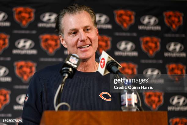 Head coach Matt Eberflus of the Chicago Bears speaks to media after his team's 37-17 win against the Atlanta Falcons at Soldier Field on December 31,...