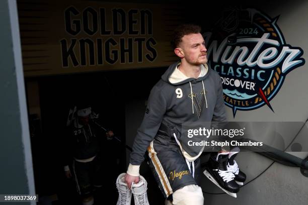 Jack Eichel of the Vegas Golden Knights looks on during practice before the Discover NHL Winter Classic at T-Mobile Park on December 31, 2023 in...