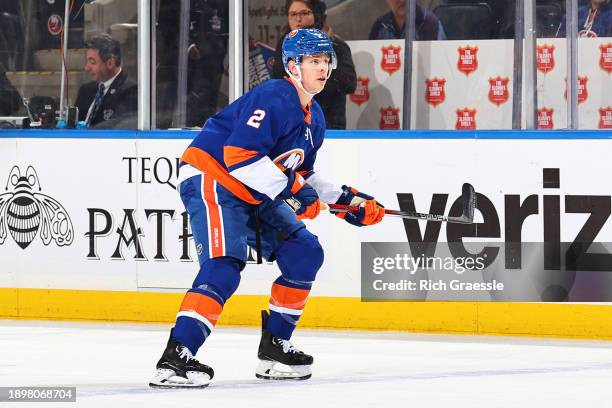 Mike Reilly of the New York Islanders skates during the game against the Washington Capitals on December 29, 2023 at UBS Arena in Newark, New Jersey.