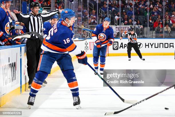 Julien Gauthier of the New York Islanders skates during the game against the Washington Capitals on December 29, 2023 at UBS Arena in Newark, New...