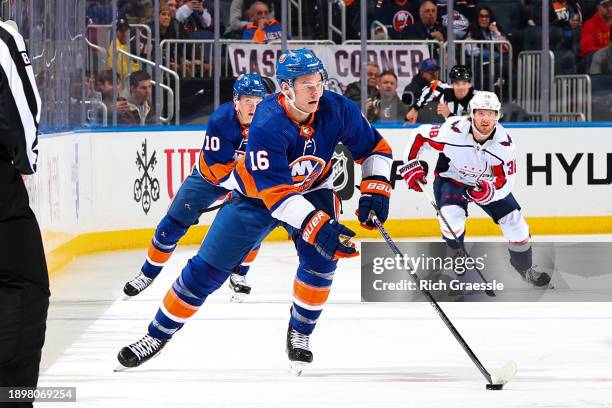 Julien Gauthier of the New York Islanders skates during the game against the Washington Capitals on December 29, 2023 at UBS Arena in Newark, New...