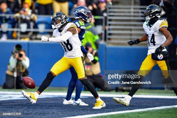 Diontae Johnson of the Pittsburgh Steelers celebrates a first down during the third quarter against the Seattle Seahawks at Lumen Field on December...