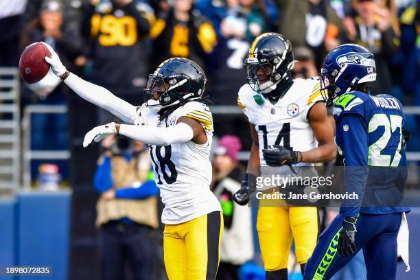 Diontae Johnson of the Pittsburgh Steelers celebrates a first down during the third quarter against the Seattle Seahawks at Lumen Field on December...