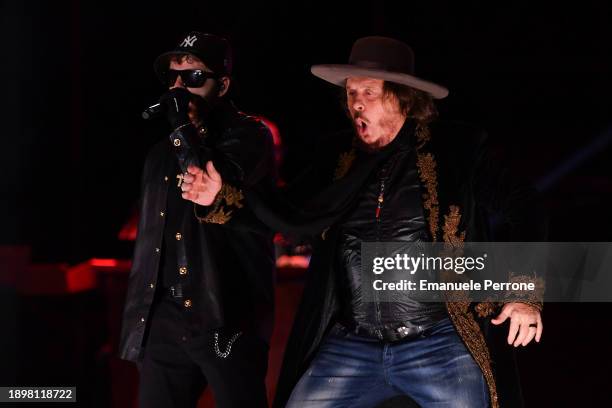 Salmo and Italian singer Zucchero Sugar Fornaciari perform on December 31, 2023 in Olbia, Italy.