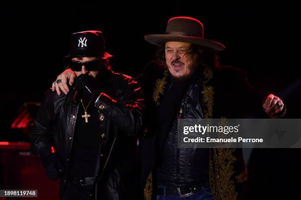 Salmo and Italian singer Zucchero Sugar Fornaciari perform on December 31, 2023 in Olbia, Italy.