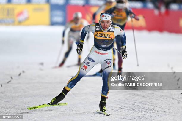 Sweden's athlete Linn Svahn competes to win in the cross-country skiing Women's Sprint Finale Free event at the FIS Tour de Ski stage, in Davos, on...