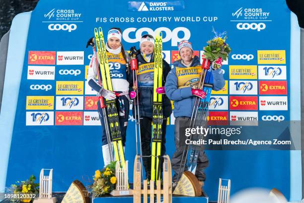 Linn Svahn of Team Sweden takes 1st place, Kristine Stavaas Skistad takes 2nd place, Jessie Diggins of Team United States takes 3rd place during the...