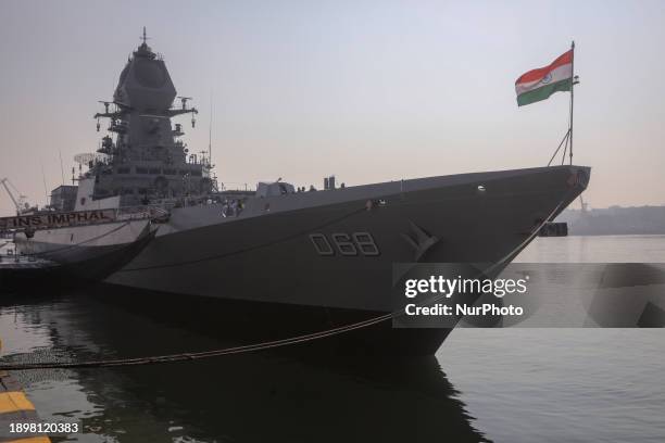 Imphal, a stealth guided missile destroyer and the third warship of Project-15B, is sitting at the Naval Dockyard following its commissioning...