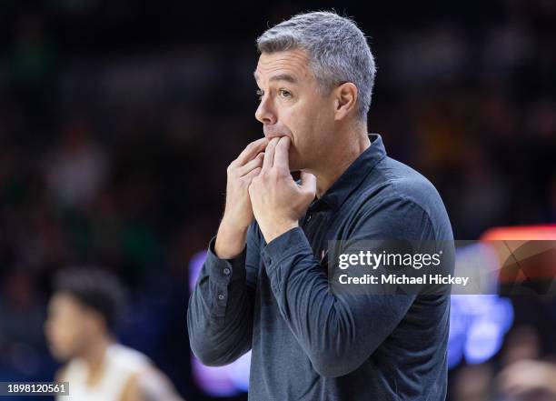 Head coach Tony Bennett of the Virginia Cavaliers is seen during the game against the Notre Dame Fighting Irish at Joyce Center on December 30, 2023...