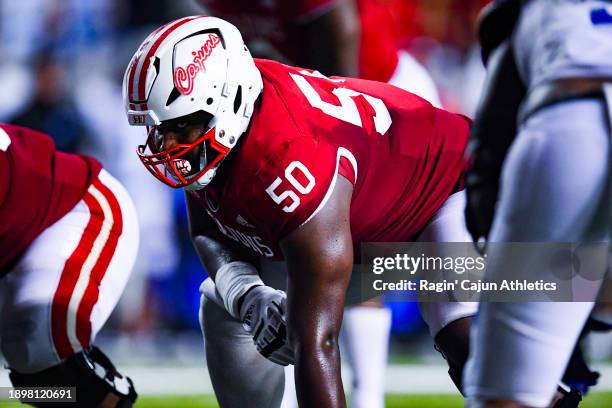 Nathan Thomas of the Ragin' Cajuns lines up before the ball is snapped against Georgia State at Cajun Field on October 21, 2023 in Lafayette,...
