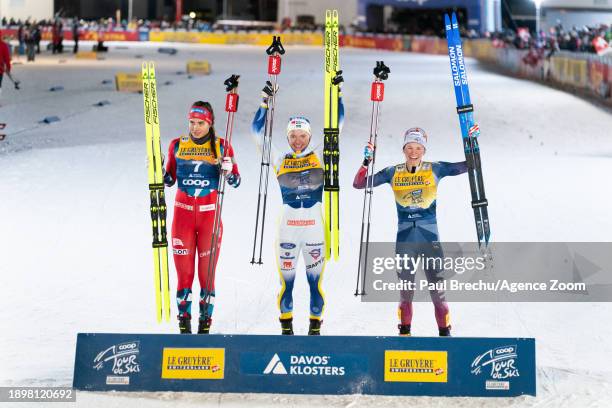 Linn Svahn of Team Sweden takes 1st place, Kristine Stavaas Skistad takes 2nd place, Jessie Diggins of Team United States takes 3rd place during the...