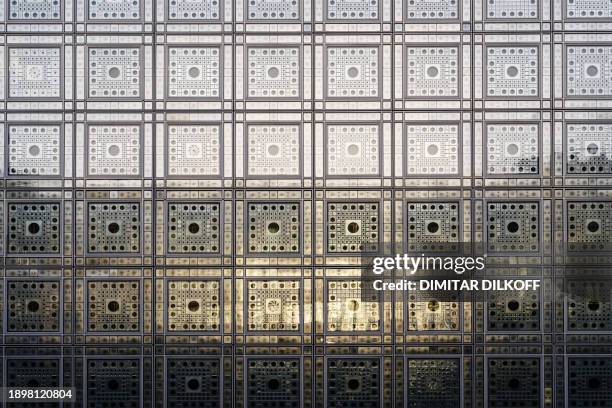 This photograph taken in Paris on January 3 shows the facade of the 'Institut du Monde Arabe' designed by the French architecture agency...