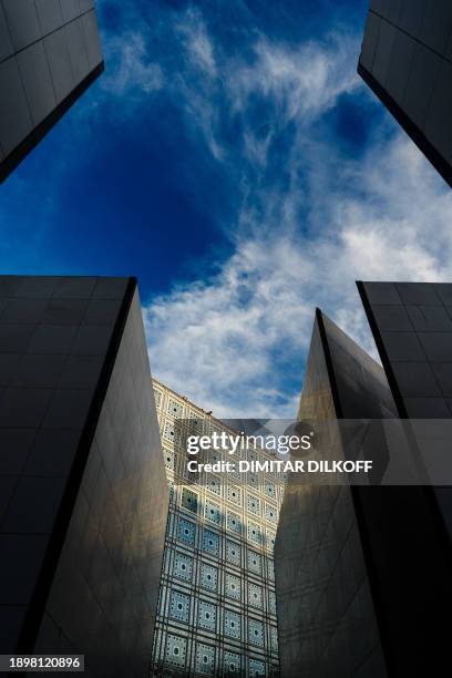 This photograph taken in Paris on January 3 shows the facade of the 'Institut du Monde Arabe' designed by the French architecture agency...