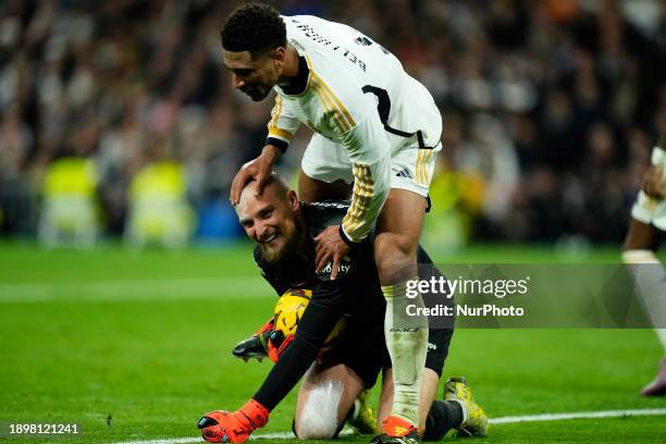 Jude Bellingham central midfield of Real Madrid and England and Predrag Rajkovic goalkeeper of Mallorca and Serbia during the LaLiga EA Sports match...