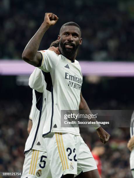 Antonio Rudiger of Real Madrid celebrates 1-0 during the LaLiga EA Sports match between Real Madrid v Real Mallorca at the Santiago Bernabeu Stadium...