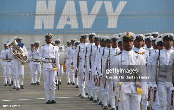 Indian Navy personnel during a ceremonial parade before Vice Admiral Sanjay J Singh's official takeover of the charge of FOC-in-C Western Naval...