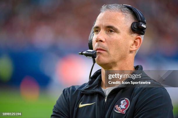 Florida State head coach Mike Norvell watches from the sidelines during the Capital One Orange Bowl college football game between the Georgia...