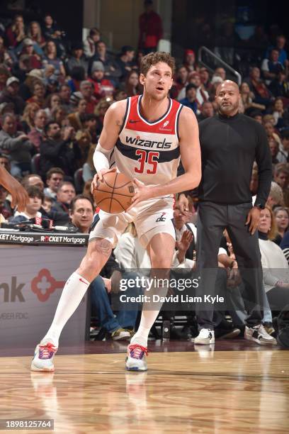 Mike Muscala of the Washington Wizards handles the ball during the game on January 3, 2024 at Rocket Mortgage FieldHouse in Cleveland, Ohio. NOTE TO...