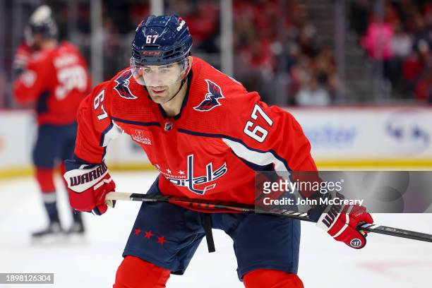 Max Pacioretty of the Washington Capitals gets set for a face-off during a game against the New Jersey Devils at Capital One Arena on January 3, 2024...