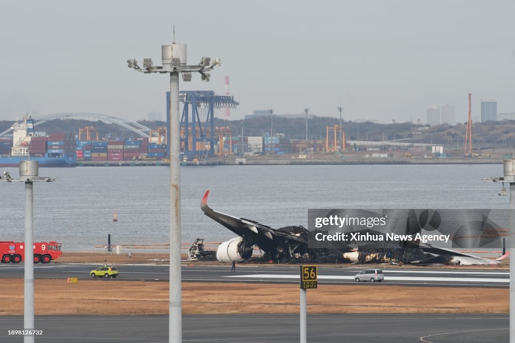 This photo taken on Jan. 3, 2024 shows the wreckage of JAL Flight 516