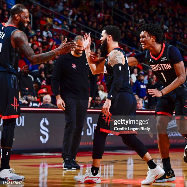 Fred VanVleet of the Houston Rockets celebrates during the game against the Brooklyn Nets on January 3, 2024 at the Toyota Center in Houston, Texas....