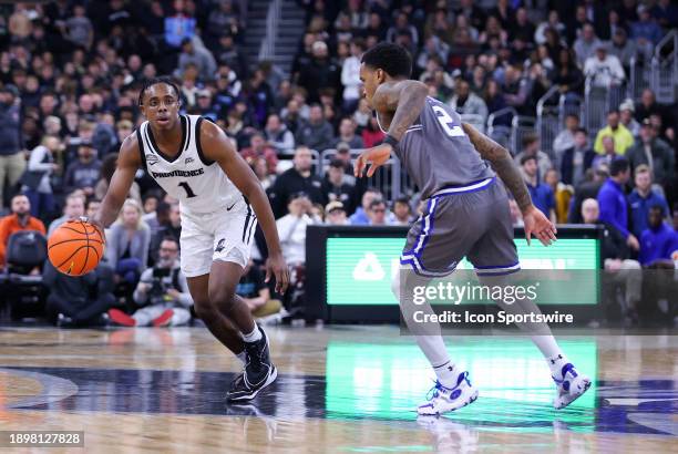 Providence Friars guard Jayden Pierre and Seton Hall Pirates guard Al-Amir Dawes in action during the college basketball game between Seton Hall...