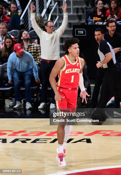 Jalen Johnson of the Atlanta Hawks reacts during the game against the Oklahoma City Thunder on January 3, 2024 at State Farm Arena in Atlanta,...