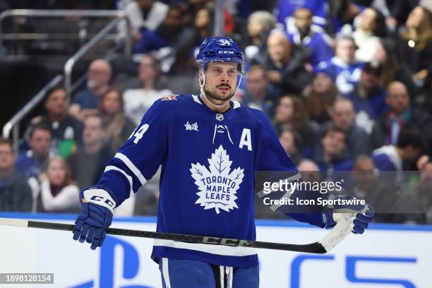 Toronto Maple Leafs center Auston Matthews skates onto the ice for the face-off in the third period during the NHL regular season game between the...