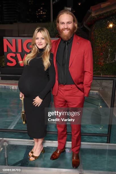 Meredith Hagner and Wyatt Russell at the premiere of "Night Swim" held at Hotel Figueroa on January 3, 2024 in Los Angeles, California.