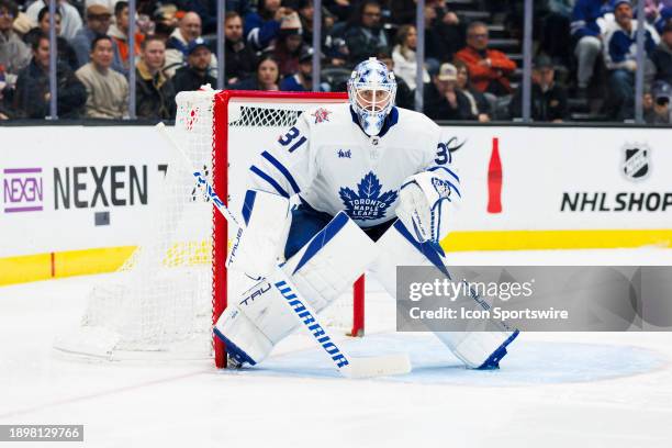 Toronto Maple Leafs goaltender Martin Jones in net during an NHL hockey game against the Anaheim Ducks on January 3, 2024 at Honda Center in Anaheim,...