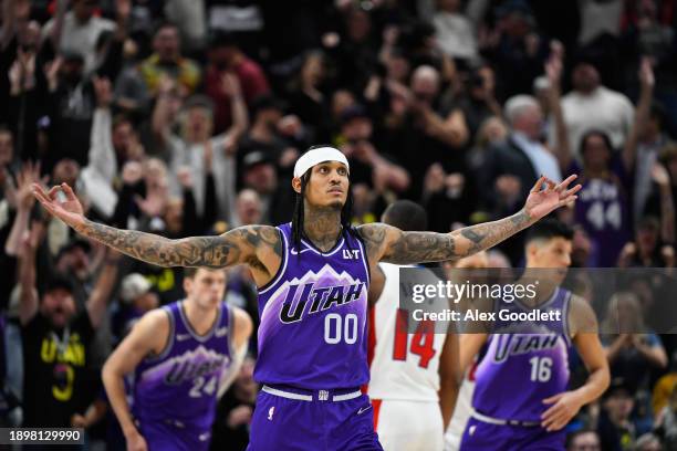 Jordan Clarkson of the Utah Jazz celebrates a three point shot during the second half of a game against the Detroit Pistons at Delta Center on...