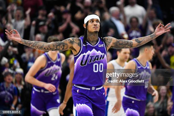 Jordan Clarkson of the Utah Jazz celebrates a three point shot during the second half of a game against the Detroit Pistons at Delta Center on...