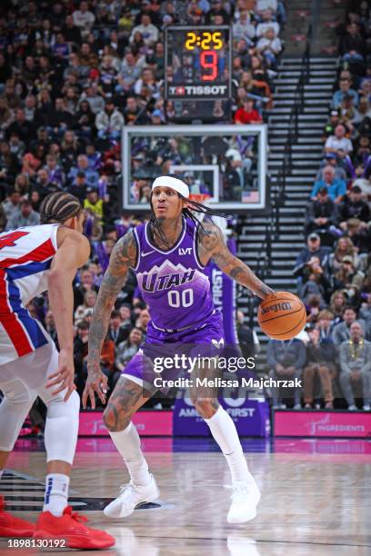 Jordan Clarkson of the Utah Jazz dribbles the ball during the game against the Detroit Pistons on January 1, 2024 at vivint.SmartHome Arena in Salt...
