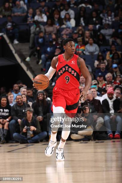 Barrett of the Toronto Raptors handles the ball during the game on January 3, 2024 at FedExForum in Memphis, Tennessee. NOTE TO USER: User expressly...