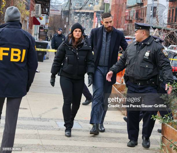 Missy Peregrym and Zeeko Zaki are seen filming at the 'FBI' TV series set on January 03, 2024 in New York City.