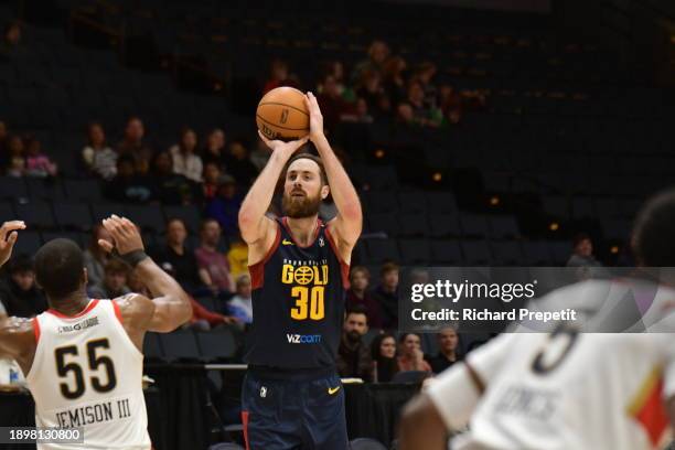 January 3:Jay Huff of the Grand Rapids Gold shoots the ball against the Birmingham Squadron on January 3, 2024 at the Van Andel Arena in Grand...